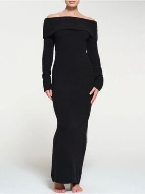 NWT SKIMS COZY Off-Shoulder Long Sleeve Black Knit Maxi Dress Size 2x